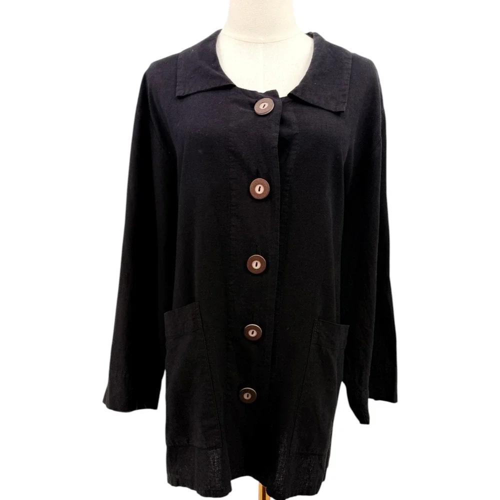 Habitat Womens Jacket Black Hemp Organic Cotton Button‎ Down  Lagenlook  XL